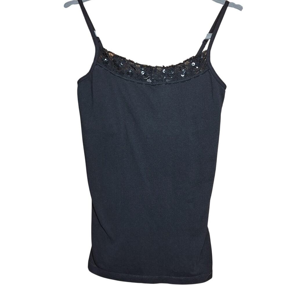 Vintage Y2K Derek Heart Lace trim Cami tank top black sequined 2000s stretchy